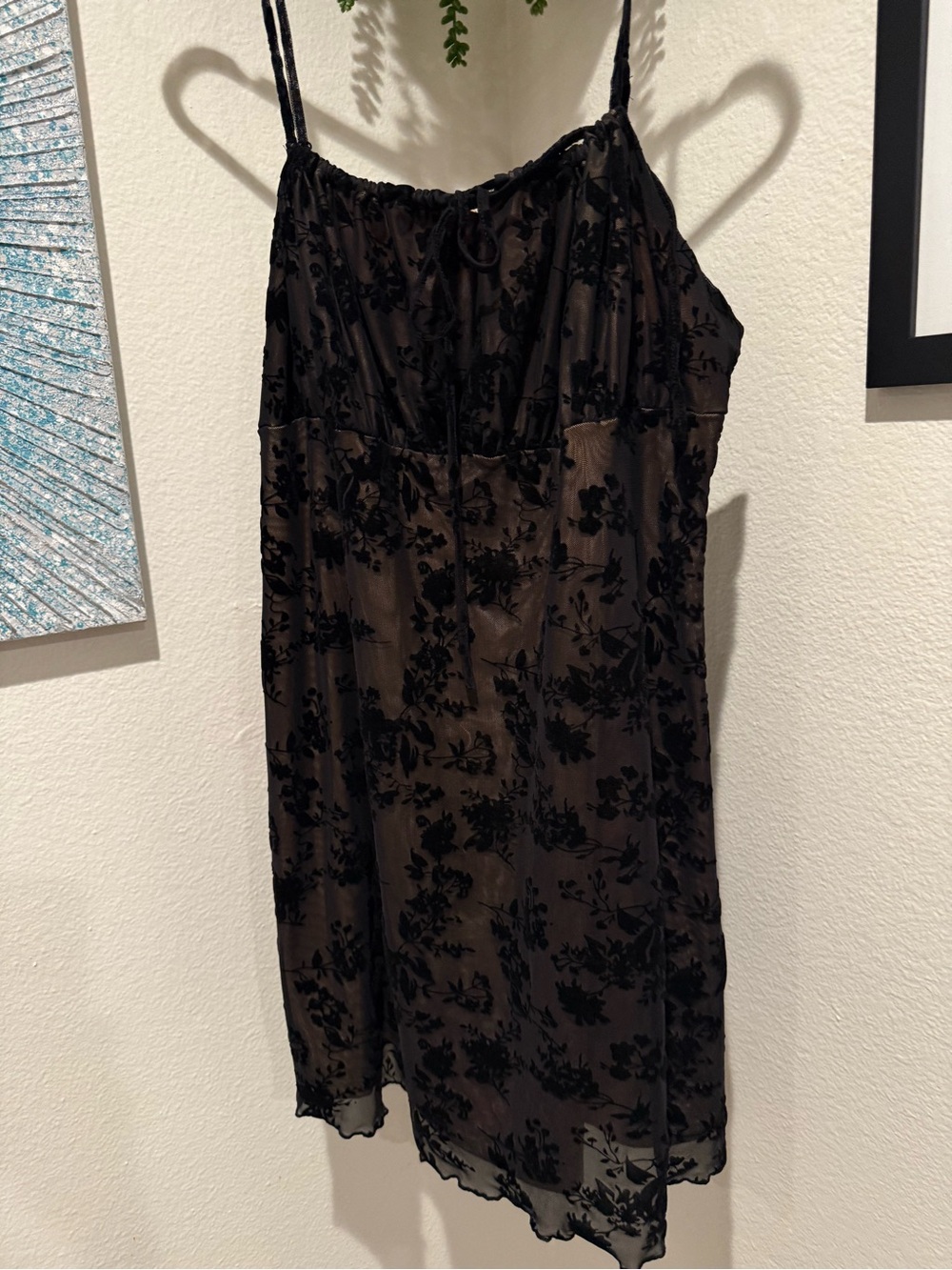 Y2K Black Floral Flocked Mesh Midi Dress Nude Lined